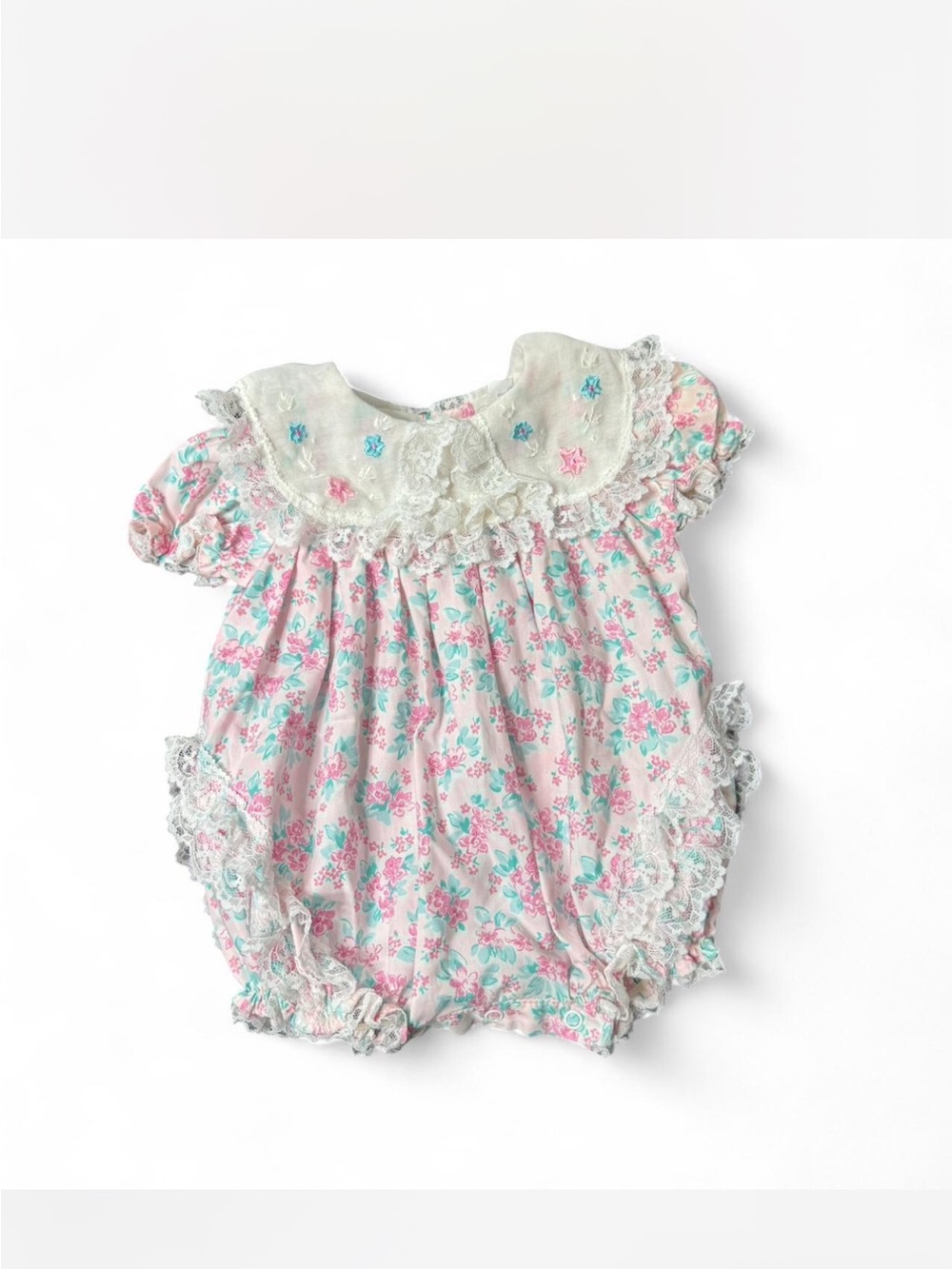 Vintage Floral Lace Baby Romper in Pink & Teal